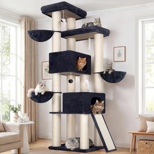 Globlazer 84" Multi-Level Large Cat Tree Tower with Extra Thick Full Sisal Scratching Posts, 2 Cat Condos, 3 Hanging Baskets, 2 Extra Large Platforms & Cat Scratching Ramp,S84, Dark Gray - color: Dark Gray, size: 84 Inch