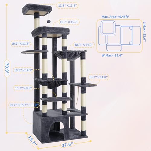 Heybly Cat Tree, 71-Inch Tall Cat Tower for Large Maine Coon Cats HCT037G - color: Smoky Gray, size: XL