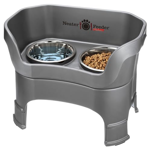Neater Feeder Deluxe Mess-Proof Elevated Dog Bowls for Large Dogs (40+ lbs), 2 Height Adjustable (14.5” & 17.5”) No-Spill Raised Dog Bowl Stand, Stainless Steel Food Bowl Set, Made in USA, Gunmetal - color: Gunmetal, size: Large + Standard Bowl