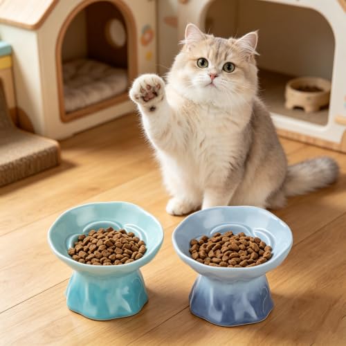 2 Pcs Slow Feeder Cat Bowl, Ceramic Flower Pet Dish, 5.71 Inch Gradient Blue and Teal Cat Slow Feeder Bowl for Dry Meals, Wet Meals and Everyday Feeding - color: Light Blue and Teal
