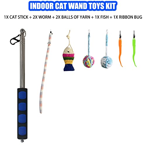 Retractable Cat Wand, 7 Pack Super Long 55.1" Wand Toy with Ball of Yarn, Feather Teasers - Interactive Indoor Cat Toys for Kittens & Cats