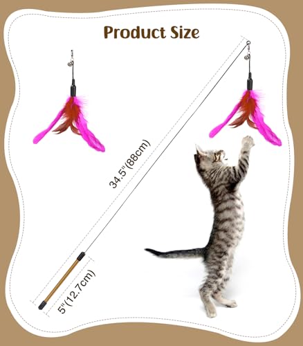 Pawaboo Cat Feather Wand Interactive Toy, 2 Feathers + 1 Wand with Bell - color: Rose + Red Brown