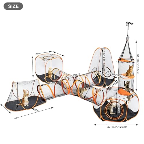 6-in-1 Modular Cat Playground with Hanging Climbing Tunnel,Large Cat House Condo & Enclosure for Multiple Cats,Portable Cat Activity Center with Cube Tents & Y-Tunnel for Cats,Rabbits & Small Animals