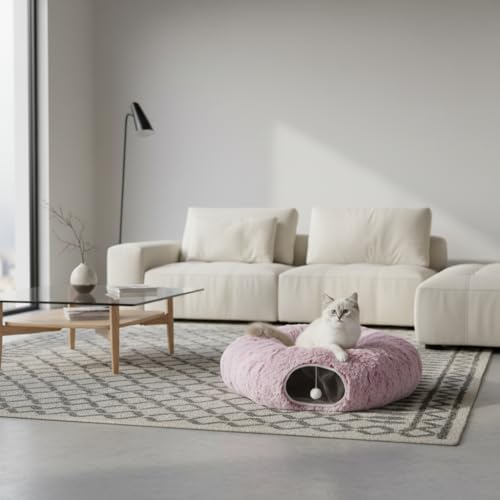 AUOON Plush Cat Tunnel Bed for Indoor Cats, 36"L x 36"W x 11.5"H, Rosiness - color: Rosiness