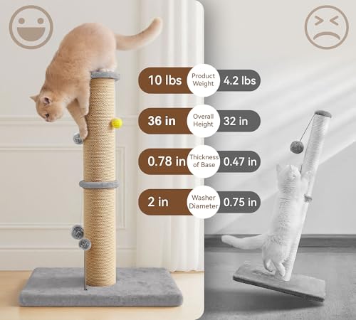 5-Inch Thick Sisal Cat Scratching Post, 36" Tall Tower, Gray - color: Gray Upgrade