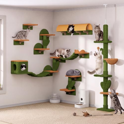 Cactus Floor to Ceiling Cat Tower, 17-in-1 Cat Wall Shelves, Green
