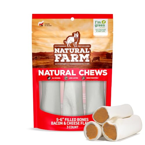 Natural Farm Filled Dog Bones, Bacon & Cheese Flavor (5-6 Inch, 3 Pack), Limited Ingredient Stuffed Dental Dog Bone Treats for Large Dogs - size: 5-6" Bacon & Cheese Flavor, 3 Count