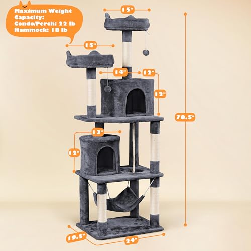 Yaheetech 70.5in Cat Tower, Multi Level Cat Tree Kitten Condo with 2 Condos & 2 Plush Perches & Scratching Post & Dangling Ball for Medium/Large Cats Dark Gray - color: Dark Gray, size: 70.5in