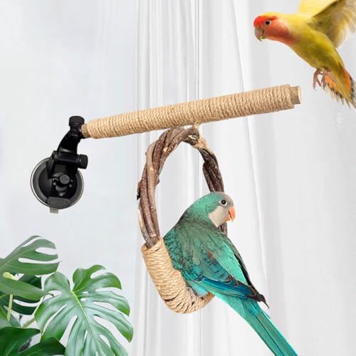 La La Pet Suction Cup Bird Perch Swing and Ring Set Sucker Bird Standing Rack Multifunctional Wooden Parrot Toy for Small and Medium Birds Cockatiel Parakeet Lovebirds Large