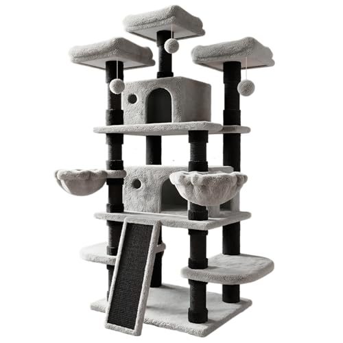 SHA CERLIN 68 Inches Multi-Level Large Cat Tree for Large Kitties/Big Cat Tower with Condo/Cozy Plush ‌Pussycat Perches/Sisal Scratching Posts and Hammocks/Activity Center/Black & Grey - color: Black & Grey, size: 68in