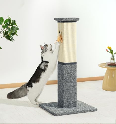 Made4Pets Cat Scratching Post for Indoor Cats, Sisal Carpet Scratcher, 32" - color: Grey-Sisal & Carpet