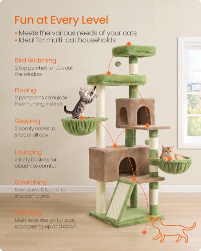Feandrea Cat Tree, 68.5-in Tall Cat Tower, Multi-Level Condo, Green - color: Green