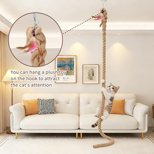 2" x9.8Ft Cat Climbing Rope with Hook, Natural Sisal Ceiling & Wall - size: 9.8FT