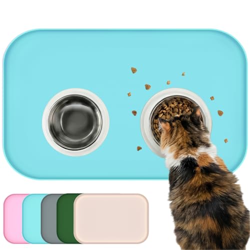 Waterproof Silicone Pet Feeding Mat Blue with Raised Edge,24" x 16"Non-Skid Spill Proof Dog Bowl Mats, Easy Clean Cat Bowls Placemat for Cats and Dogs - color: Blue, size: 60 x 40 cm