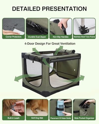 Veraste 33 x 25 x 25 in 4-Door Collapsible Soft-Sided Mesh Dog Crate, Green - color: Green, size: 33.0"L x 25.0"W x 25.0"H