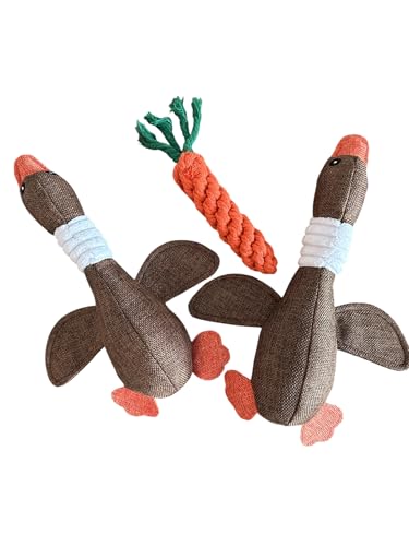 Dog Toy Bundle – 2 Durable Plush Squeaky Goose Toys + 1 Carrot Rope Chew Toy – Interactive Play Set for Small & Medium Dogs