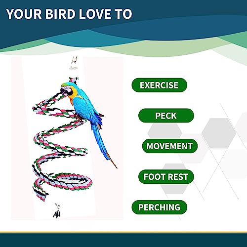 94.4inch Length Colorful Cotton Bendable Rope Perch Swing Bird Chew Toys Amazon Parrots Cage Toys with Bell Swing Climbing Standing Bungee Bird Toys for Regular to Big Size Birds - size: 94.4'x1pc