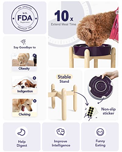 LE TAUCI Ceramic Slow Feed Dog Bowls, Elevated for Small and Medium Breed Dogs, Anti-Gulping Pet Feeding Dishes, Maze Purple, 1.5 Cups - color: Maze Purple+Stand, size: M-1.5 Cups