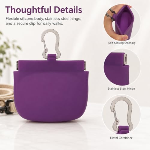 Silicone Dog Treat Pouch for Pet Training One-Hand Access One Cup Silicone Treat Bag with Pull Tab and Auto Closing Lid Treat Pouches for Leash(Color: Purple) - color: Purple