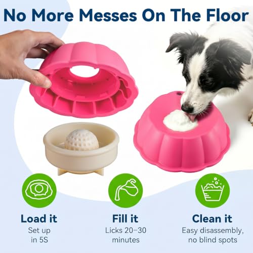 Dog Lick Bowl Ball Slow Feeder, Licking Bowl for Liquid Treat with Rolling Spin Sphere Roller Licker, Licky Feed Calming Anxiety Relief Enrichment Yogurt (Pink) - color: Pink Slow Feeder