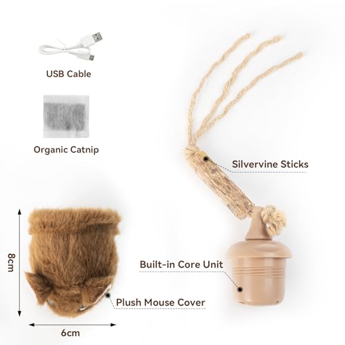 Migipaws Interactive MigiMouse Cat Toy 360° Rolling & Spin with Wiggling Tail for Indoor Cats Smart Motion Sensor, Realistic Squeak, Rechargeable Plush Kitten Toy (Brown)