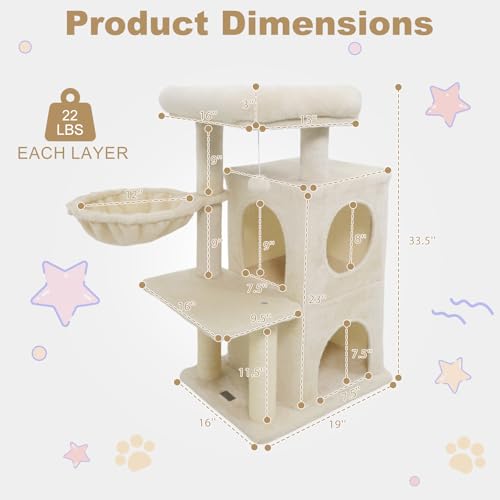 PETSITE Multi-Level Small Cat Tree, 33.5 Inches Tall with Sisal Scratching Posts, Double-Layer Condo, Side Basket, Dangling Ball and Upholstered Comfy Top Perch, Ideal for Indoor Cats (Beige) - color: Beige
