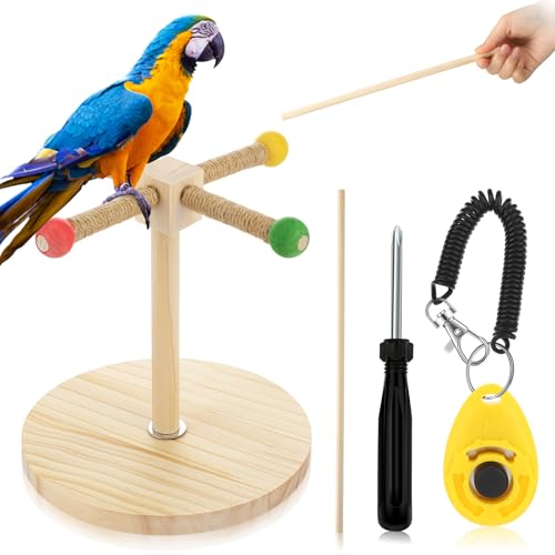 3 Pcs Bird Training Stand Kit, Parrot Training Clicker Portable Tabletop Bird Perch and Target Stick, Wooden Spin Perch Clickers with Wrist Strap for Parakeet Conure Lovebird Cockatiel (Spin) - style: Spin