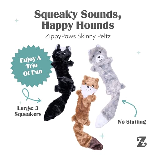 ZippyPaws Skinny Peltz No Stuffing Dog Toy Pack to Keep Them Busy - 18" - style: Weasel, Skunk, Wolf - Large (3-pack)