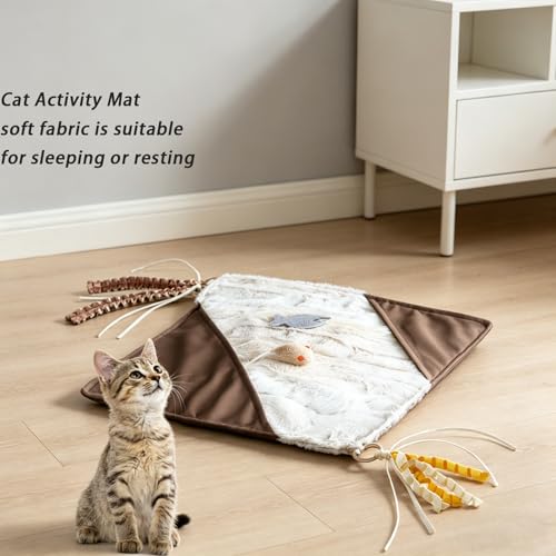 Cat Crinkle Mat with Mouse Toy,14x16" Interactive Cats Play Mat with Catnip - color: Brown