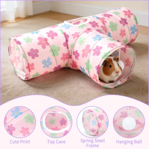 Rypet Guinea Pig Tunnel Hideout 3-Way Collapsible Small Pet Tubes, Pink - color: Flower