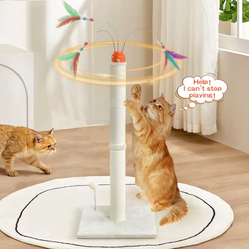 YARUOMY Cat Scratching Post，42.5" Tall Heavy Duty Cat Scratcher，Scratching Posts for Indoor Cats Adult with Interactive Cat Toys Automatic Teaser Wand and Rotating Hanging Balls - size: 42.5"H