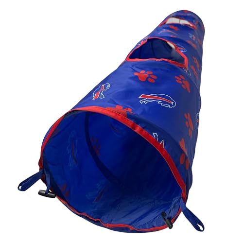 NFL Buffalo Bills Cat Tunnel Tube Toy with Plush Football Catnip and Feathers Collapsible Tunnel for Cats to Play, Peek and Hide, Sporty & Fun Cat Tunnel Toy with Team Logo All-Over Design! - color: Buffalo Bills