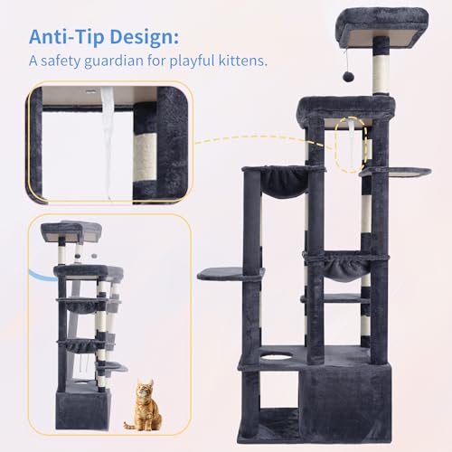 Heybly Cat Tree, 71-Inch Tall Cat Tower for Large Maine Coon Cats HCT037G - color: Smoky Gray, size: XL