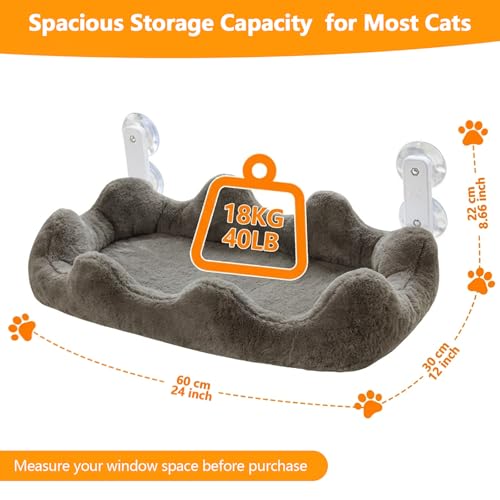 Homegroove Cat Window Perch, 24 x 12 Inch Foldable Cat Hammock for Window with 4-Sided Bolster & 4 Large Suction, Cloud Shape Cordless Window Bed for Indoor Cats (Gray, Large(24'' x 12'')) - color: Gray