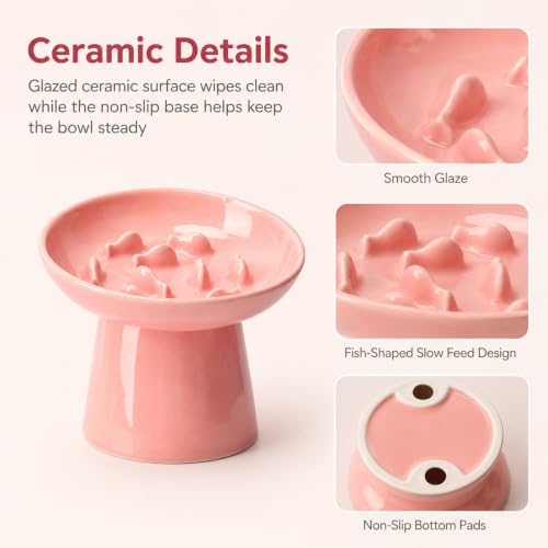 Cat Slow Feeder Bowl, Ceramic Elevated Cat Slow Feeder Bowl, Shallow Wide Opening Dish for Kitty, Anti Vomiting for Dry and Wet Food, Anti-Slip Design, Pink - color: Pink