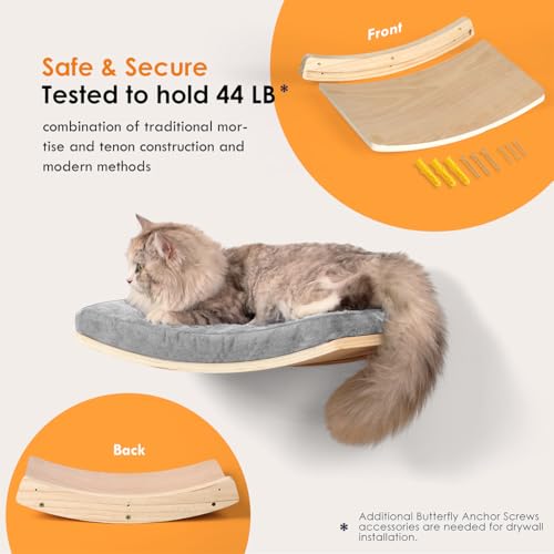 Curved Cat Shelves and Perches, Floating Cat Wall Bed with Comfortable Cushion - color: Wood Shelf+Grey Cushion