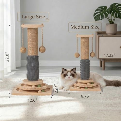 4-in-1 Solid Wood Cat Scratching Post with Self-Groomer, Medium Size - size: Medium