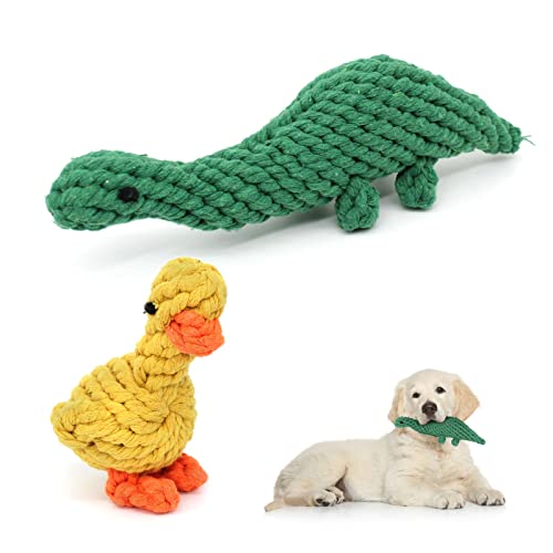 WishLotus 2Pc Dog Rope Toys, Cute Dinosaur and Yellow Duck Shaped Dog Toys for Aggressive Chewers, Cotton Dog Chew Toys for Small Medium Large Breed Teething (Dinosaur+Duck)
