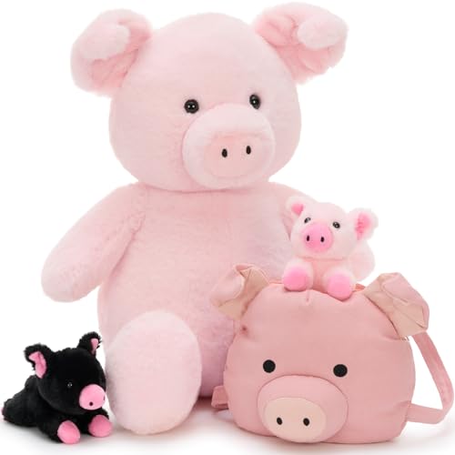Pig Stuffed Animal with 2 Babies and Backpack, 21 Inch Pink Plush - style: Pig Backpack