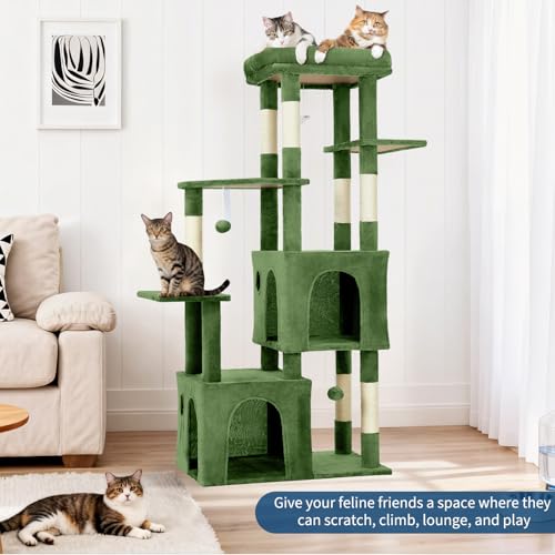 OUTLANE 60-Inch Multi-Level Large Cat Tree, Heavy Duty Cat Tower for Indoor Large Cats Adventure, Stable Furniture with Extra-Wide Top Perch, 2 Hideaway Condos, 7 Natural Sisal Scratching Posts and to - color: Green