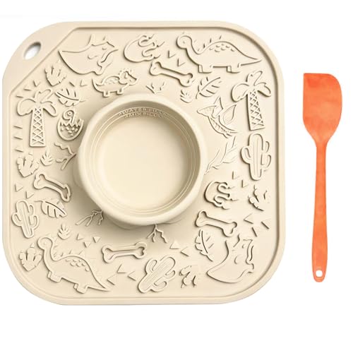 Lick Mat for Dog & Cat, Durable Silicone Licking Mat with Suction Cups, Easy-to-Clean, Chew-Proof, 2-in-1 Slow Feeder Pad Bowl for Dry & Wet Food, Puppy Enrichment Toy for Anxiety Relief, Pet Grooming - color: Khaki