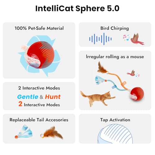Interactive Cat Toys Ball,Automatic Cat Toy with Speedy Tail - Electric Rolling Ball for Indoor Cats, Motion-Activated Play with Elastic Mesh Tail - color: Red