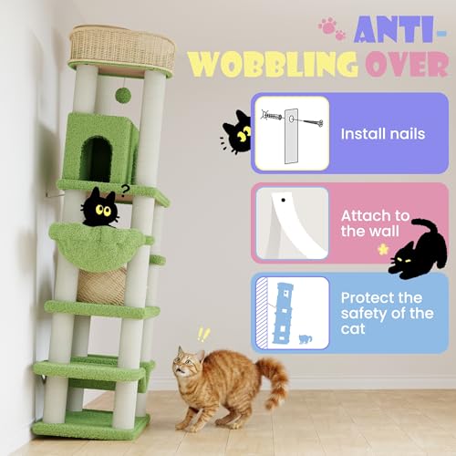 SHA CERLIN 82" Handmade Rattan Cat Tree Tower, Multi-Level Activity Center with Sisal Scratching Posts, Plush Condo, Wicker Perches & Hammock, Large Indoor Cat Playground, Green