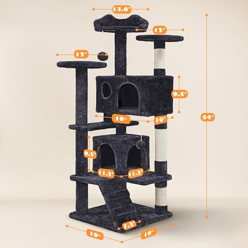 Yaheetech 54in Cat Tree Tower, 2 Caves, Kitten-Ear Perch & Scratching Posts - color: Black, size: 54in