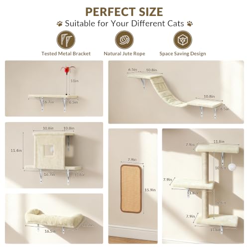 Cat Wall Shelves, 6-in-1 Cat Wall Furniture Set, Beige - color: Beige