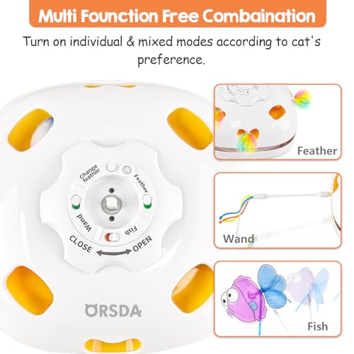 ORSDA Cat Toys for Indoor Cats, 5 in 1 Interactive Automatic Kitten Toys Rechargeable Electric Hide and Seek, Moving Feather, Whack-A-Mole, Spin Flying Teaser Wand Exercise Kicker, Gifts for Cat