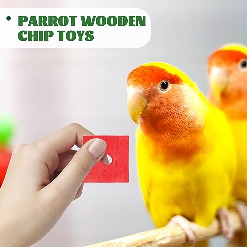 Parrot Wood Chip Toy 100 Pcs DIY Bird Toys Supplies Chew Blocks with Hole Mixed Color Bite Toy Pieces for Parrots Cockatiels Parakeets Small Birds Cage Activity