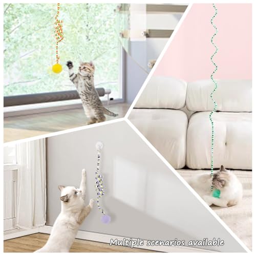 La La Pet®Retractable Cat Teaser Toy Cat Toys for Indoor Self Play 3 Pack Interactive Cat Feather Toy Hanging Spring Cat Toys Cat Teaser Suction Cup with Bell and Plush Ball Kitten Exercise Toys