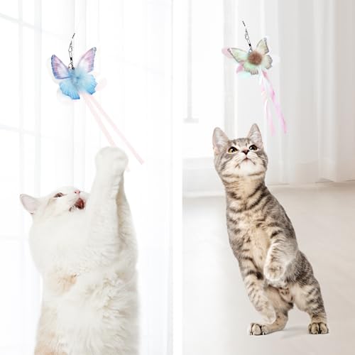 SONGWAY Cat Butterfly Toys Wand - 7 Pieces Cat Toy Set, Retractable Cat Wand with 6 Butterfly Cat Toys Replacement with Bells, Interactive Cat Toys for Indoor Cats Kittens - size: Butterfly