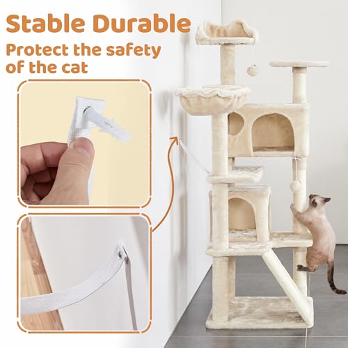 Topeakmart 57 inches Multi-Level Cat Tree Cat Condo with Scratching Posts Kittens Activity Tower Pet Play House Furniture - color: Beige